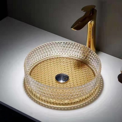 los lavabos de cristal del buque de 360m m cepillan el cuenco de cristal claro del fregadero del hotel de la parte inferior del oro