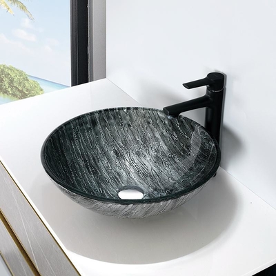 Grabado del dibujo redondo de la mano del fregadero del cuarto de baño del negro del lavabo de la sobremesa