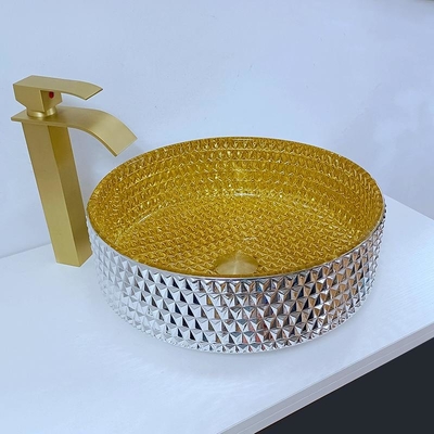 El oro Shinning Crystal Glass Wash Basin Cylindrical forma fregaderos del buque del cuarto de baño