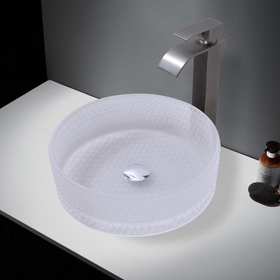 Lavabo de vidrio con forma de cilindro con ubicación de drenaje central Lavabos de recipiente de vidrio mate ácido