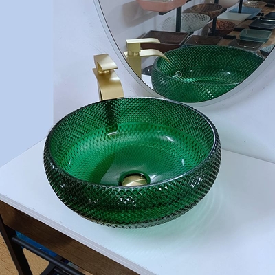 Vanidad de cristal verde Diamond Mordern Round Bathroom de los lavabos del buque
