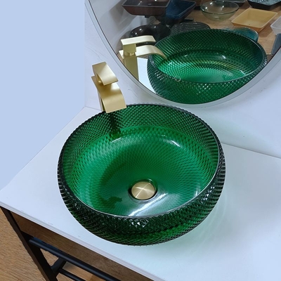 Vanidad de cristal verde Diamond Mordern Round Bathroom de los lavabos del buque