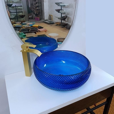 Cuenco de cristal azul del fregadero del diseño italiano vidrio redondo de 16,5 pulgadas sobre el lavabo contrario