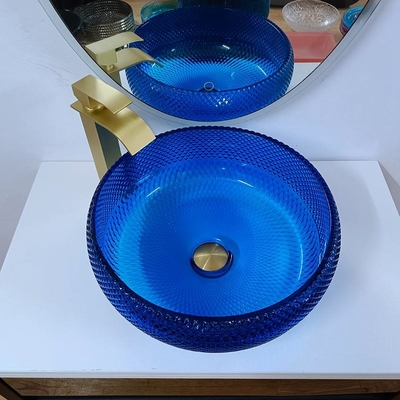 Cuenco de cristal azul del fregadero del diseño italiano vidrio redondo de 16,5 pulgadas sobre el lavabo contrario