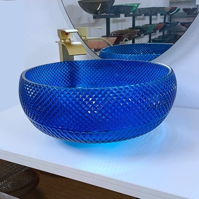 Cuenco de cristal azul del fregadero del diseño italiano vidrio redondo de 16,5 pulgadas sobre el lavabo contrario