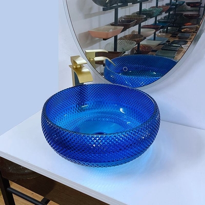 Cuenco de cristal azul del fregadero del diseño italiano vidrio redondo de 16,5 pulgadas sobre el lavabo contrario