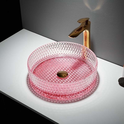 Cuarto de baño de cristal redondo inferior del cuenco del fregadero del rosa altura de 15 pulgadas 15,8 pulgadas