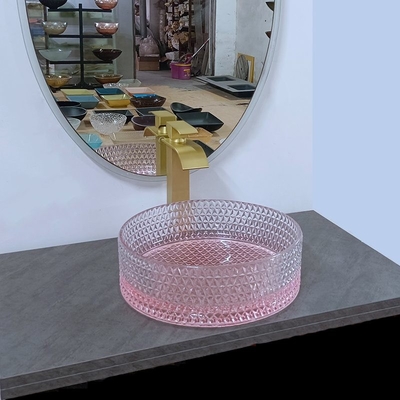 Cuarto de baño de cristal redondo inferior del cuenco del fregadero del rosa altura de 15 pulgadas 15,8 pulgadas