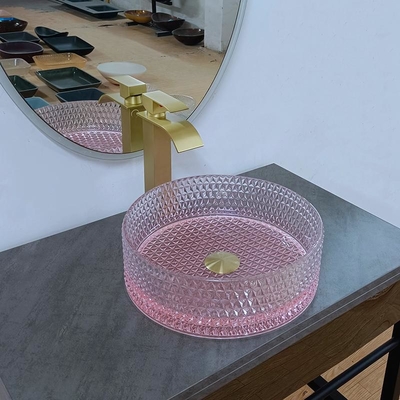 Cuarto de baño de cristal redondo inferior del cuenco del fregadero del rosa altura de 15 pulgadas 15,8 pulgadas