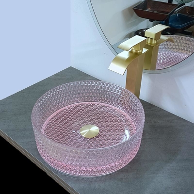 Cuarto de baño de cristal redondo inferior del cuenco del fregadero del rosa altura de 15 pulgadas 15,8 pulgadas
