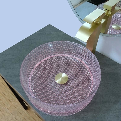 Cuarto de baño de cristal redondo inferior del cuenco del fregadero del rosa altura de 15 pulgadas 15,8 pulgadas