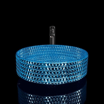 Lavabo de cristal moderno azul electrochapado, fregadero de cristal azul del buque