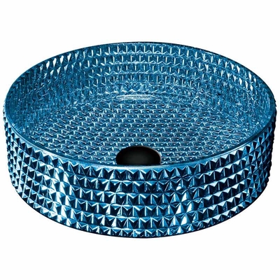 Lavabo de cristal moderno azul electrochapado, fregadero de cristal azul del buque