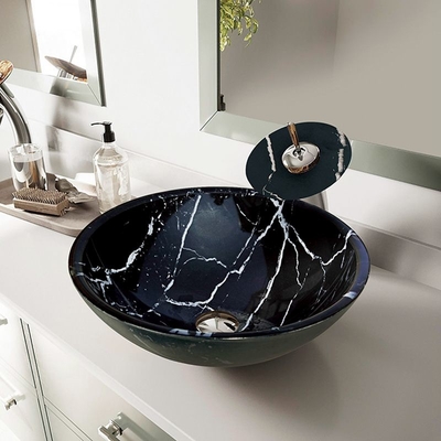 la encimera de cristal negra del cuenco del lavabo de 145m m texturizó liso con las líneas blancas