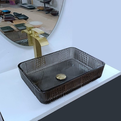 El buque rectangular de cristal hunde el cristal transparente del cuarto de baño profundo negro