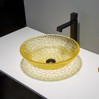 Amarillo moderno laqueado redondo del oro del vidrio 12m m de Crystal Wash Basins Low Profile