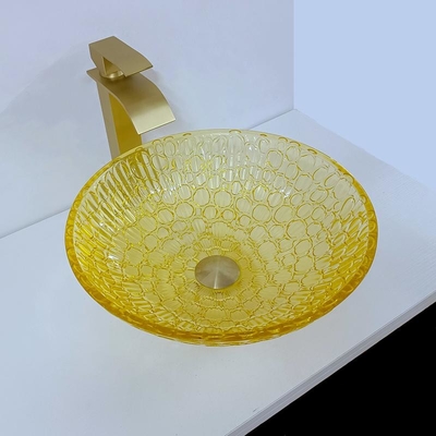 Amarillo moderno laqueado redondo del oro del vidrio 12m m de Crystal Wash Basins Low Profile