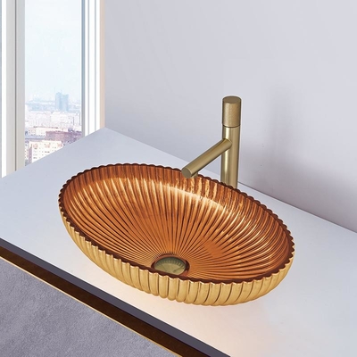 Cuenco oval del lavabo del fregadero del cuarto de baño del color oro de Crystal Glass Vessel Basins In 24K de la forma