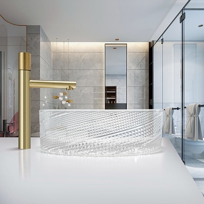 Lavabos de cristal claros superficiales del buque de la tela cruzada para el hotel del cuarto de baño