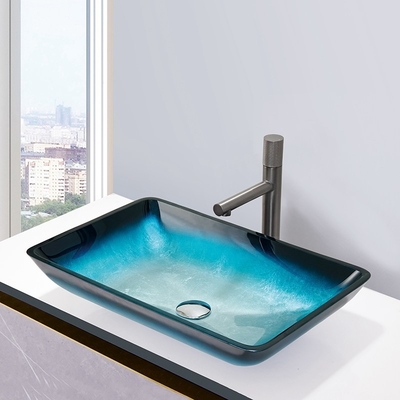 Sólido rectangular moderado azul de la sobremesa del bol de vidrio de los lavabos del baño de la pendiente