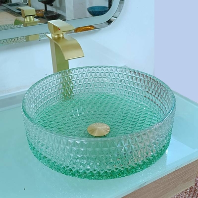 Diamond Shape Crystal Glass Vessel hunde la parte inferior del verde del lavabo de la sobremesa