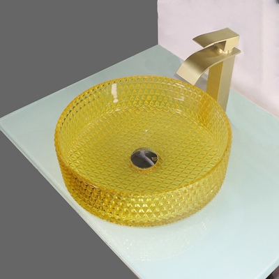 Crystal Glass Wash Basin Cylindrical amarillo forma el fregadero del buque de la encimera