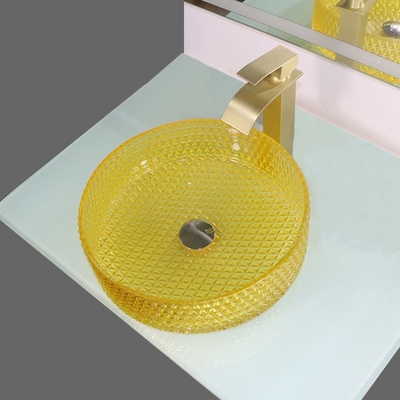Crystal Glass Wash Basin Cylindrical amarillo forma el fregadero del buque de la encimera