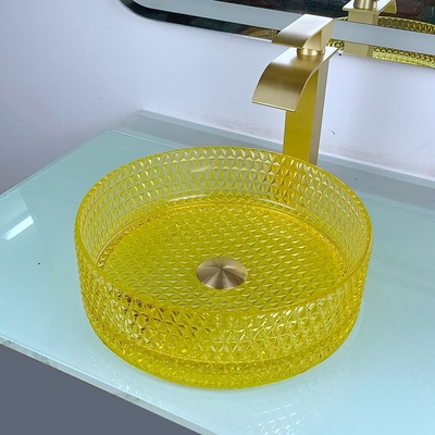 Crystal Glass Wash Basin Cylindrical amarillo forma el fregadero del buque de la encimera