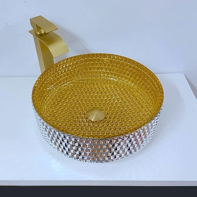 El oro Shinning Crystal Glass Wash Basin Cylindrical forma fregaderos del buque del cuarto de baño