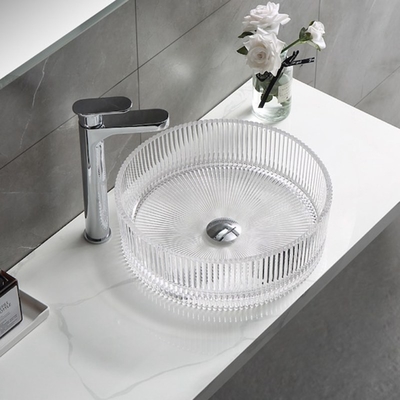 Rayas verticales modernas de Crystal Clear Glass Wash Basin que funden fregaderos del lavabo a troquel del cuarto de baño