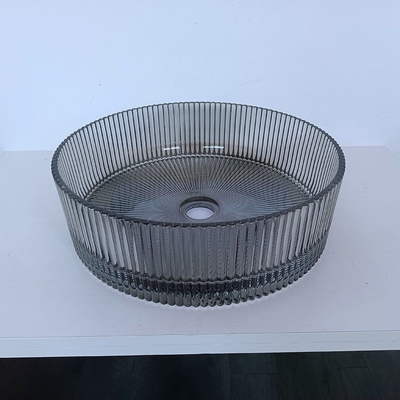 Rayas de vertical cilíndricas de Gray Color Glass Wash Basin que funden fregaderos del lavabo a troquel del cuarto de baño