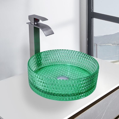 Lavabos de baño de lavabo de tazón de vidrio montado en la pared verde transparente