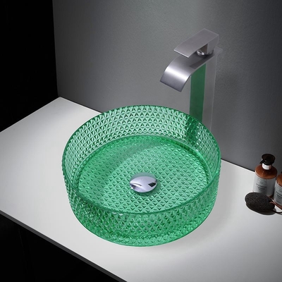 Lavabo de vidrio moderno de 1 orificio con recipiente para fregadero de baño con accesorios de montaje