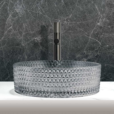 Tazón de lavado de vidrio montado en la encimera Fregaderos de lavabo de baño de color gris claro transparente