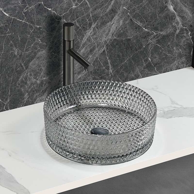 Tazón de lavado de vidrio montado en la encimera Fregaderos de lavabo de baño de color gris claro transparente
