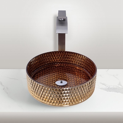 Lavabo de cristal montado en la encimera de la cocina en color oro británico electrochapado