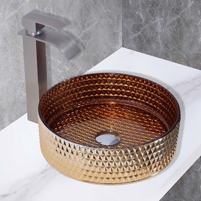 Lavabo de cristal montado en la encimera de la cocina en color oro británico electrochapado