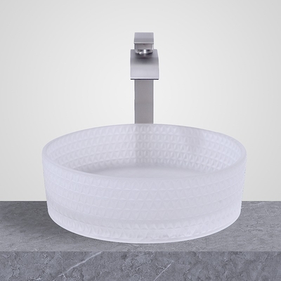 Lavabo de vidrio con forma de cilindro con ubicación de drenaje central Lavabos de recipiente de vidrio mate ácido