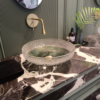 Elegante lavamanos redondos de baño de escritorio con tamaño de drenaje de 1,77 pulgadas