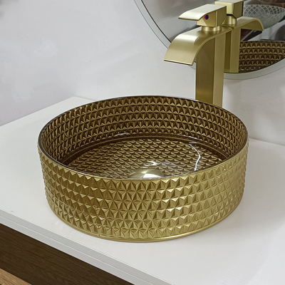 Lavabo de cristal Crystal Bathroom de Diamond Table Top Bowl Wash del fregadero del buque del oro redondo