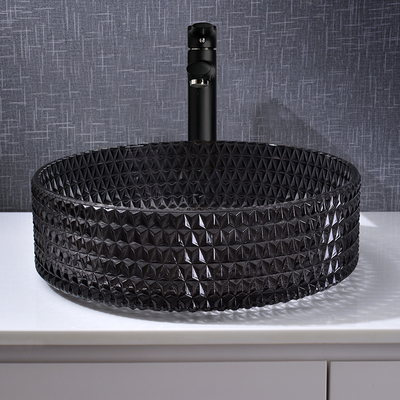 Diamond Shape Crystal Wash Basin fregadero redondo negro transparente de la encimera de 22 pulgadas