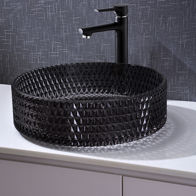Diamond Shape Crystal Wash Basin fregadero redondo negro transparente de la encimera de 22 pulgadas